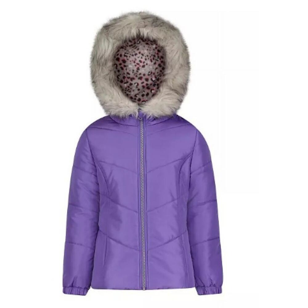 Weathertamer Big Girls Coat with Faux Fur and Fleece Headband Set, Purple